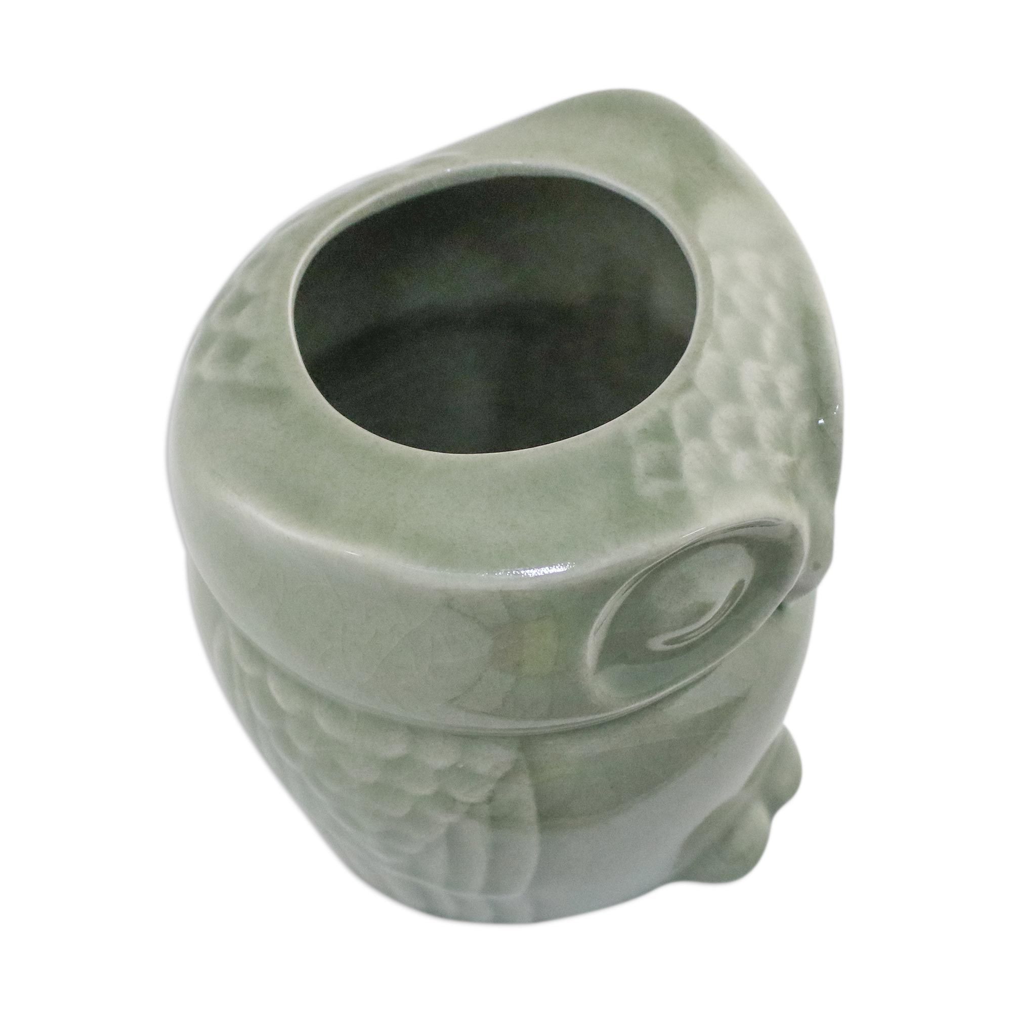 Celadon Ceramic Owl Shaped Toilet Tissue Holder Sleepy Owl NOVICA
