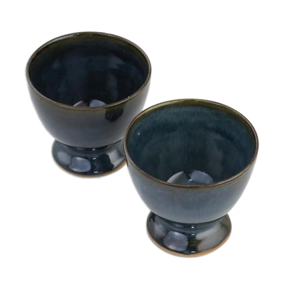 Ceramic teacups, 'Mood Indigo' (pair) - Indigo Blue Footed Ceramic Teacups from Thailand (Pair)