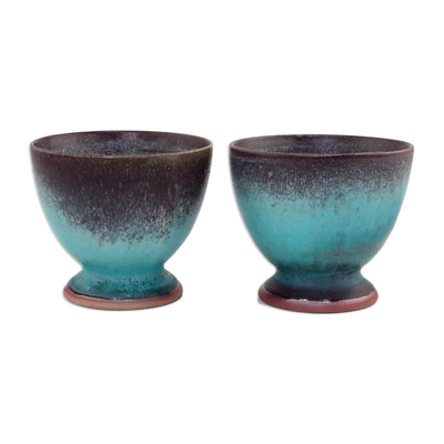 Tazas de cerámica, (par) - Tazas de té de cerámica con patas marrón y turquesa (par)