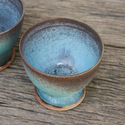 Ceramic teacups, 'Serene Seas' (pair) - Turquoise and Brown Footed Ceramic Teacups (Pair)