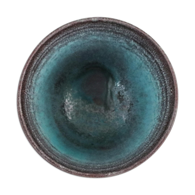 Ceramic teacups, 'Serene Seas' (pair) - Turquoise and Brown Footed Ceramic Teacups (Pair)