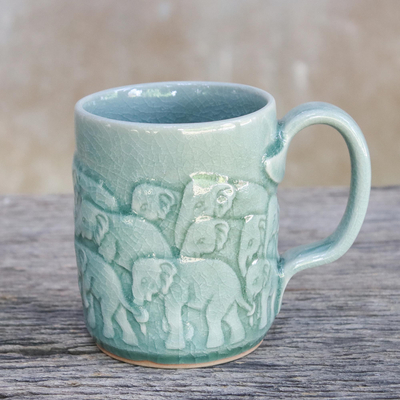 Celadon Ceramic Elephant Mug in Green from Thailand (10 oz.) - Elephant  Handle in Green