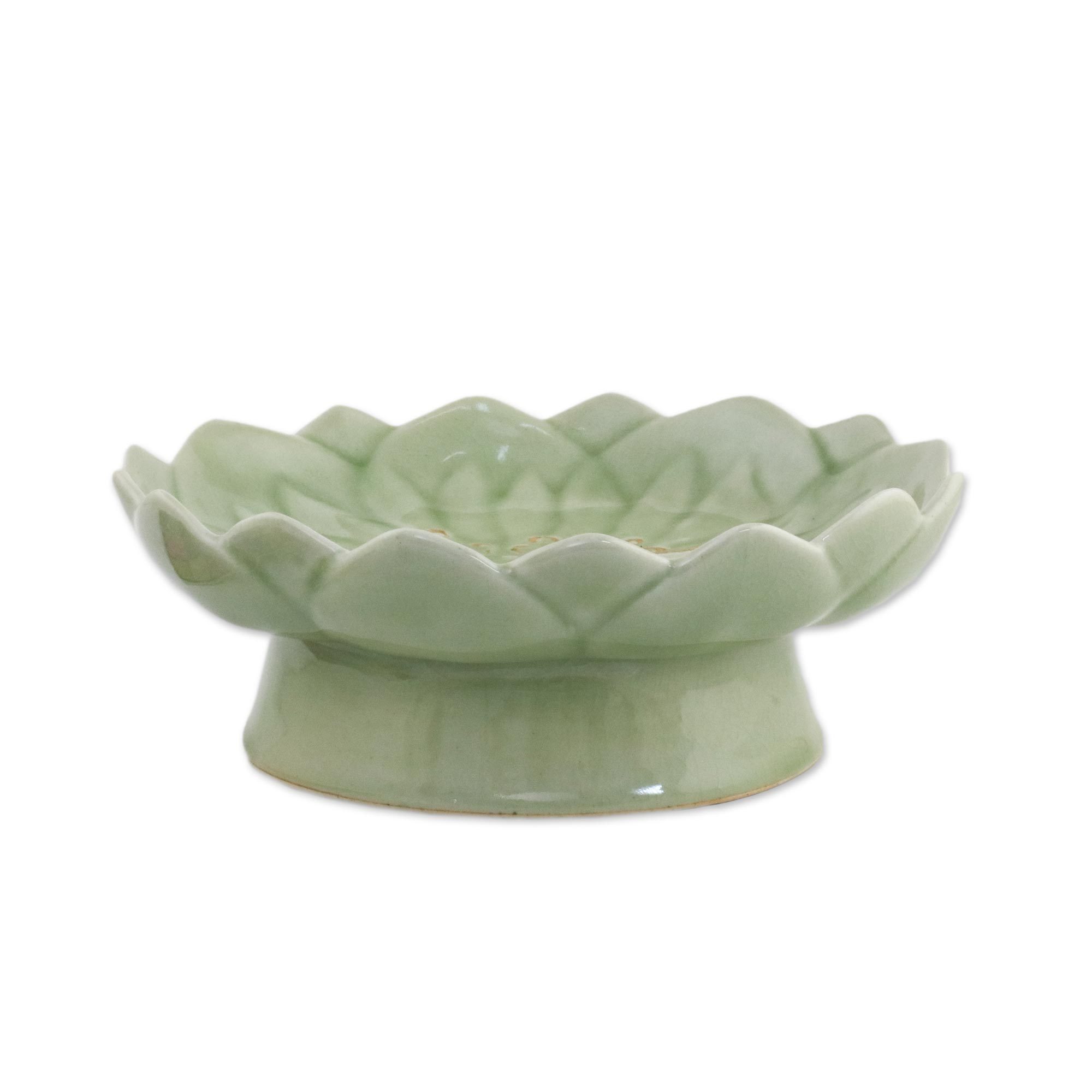 Pale Green Celadon Ceramic Lotus Flower Catchall Blooming Lotus NOVICA