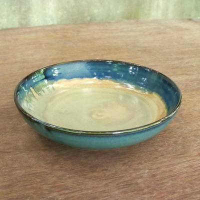 Ceramic serving bowl, 'Island' - Teal and Beige Ceramic Serving Bowl Made in Thailand