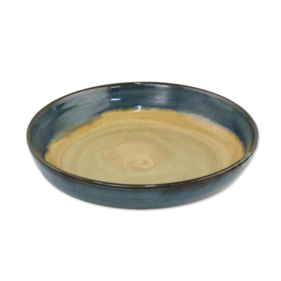 Ceramic serving bowl, 'Island' - Teal and Beige Ceramic Serving Bowl Made in Thailand