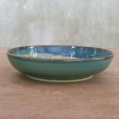 Cuenco para servir de cerámica - Cuenco para servir de cerámica verde azulado y beige fabricado en Tailandia