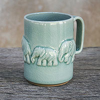 Ceramic mug, 'Celadon Parade' - Artisan Handmade Celadon Ceramic Elephant Mug from Thailand