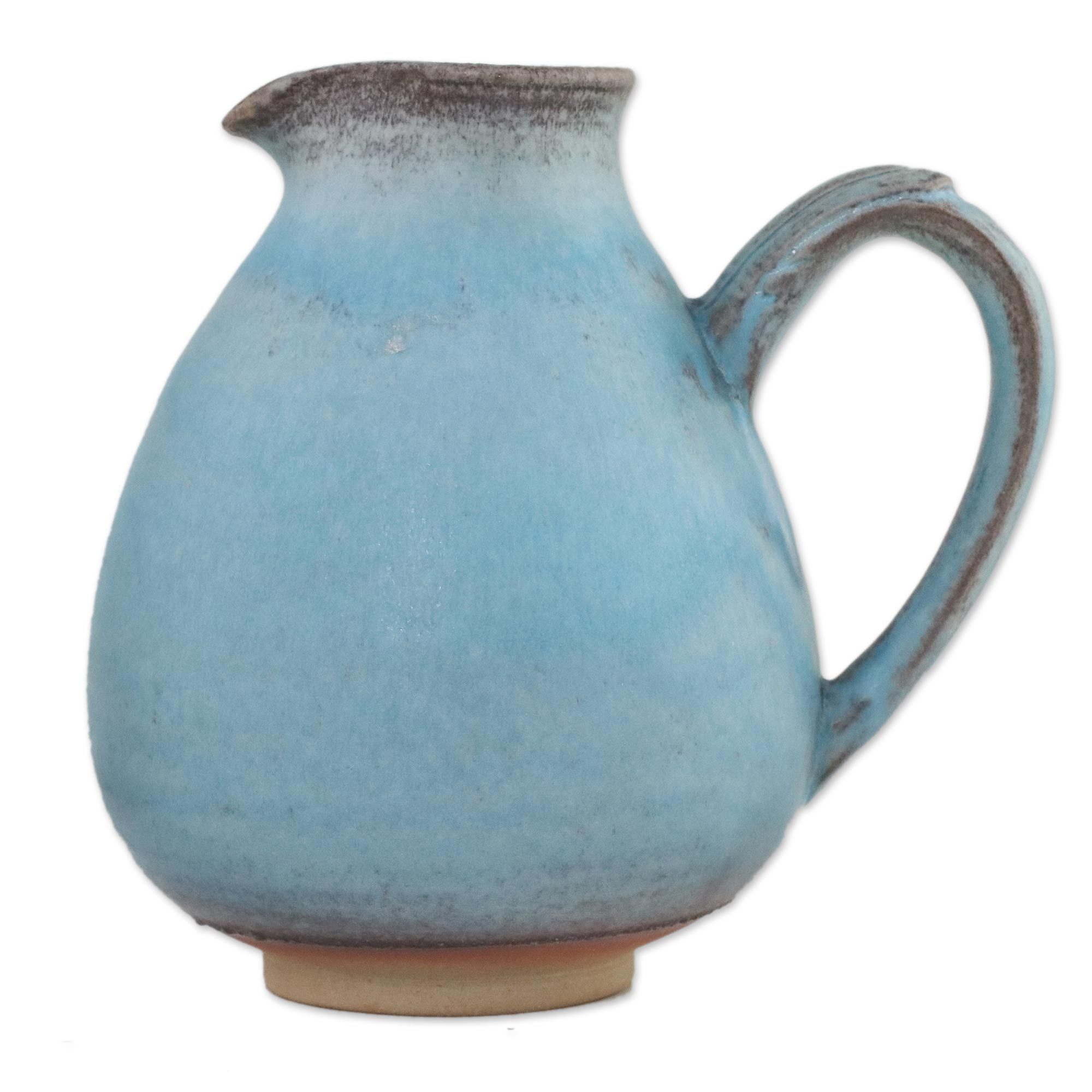 Blue and Brown Handmade Ceramic Jug from Thailand Filled with
