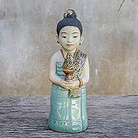 Ceramic sculpture, 'Respectful Girl' - Ceramic Celadon Sculpture of a Girl from Thailand