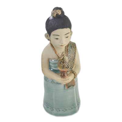 Ceramic sculpture, 'Respectful Girl' - Ceramic Celadon Sculpture of a Girl from Thailand