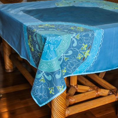 Batik cotton tablecloth, 'Azure Garden' - Batik Floral Cotton Tablecloth in Azure from India