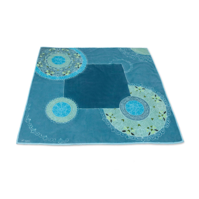 Mantel de algodón batik - Mantel de algodón floral batik en azul celeste de la India