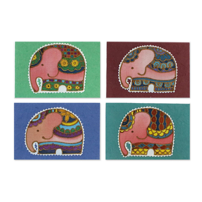 Four Cotton and Paper Elephant Greeting Cards from Thailand