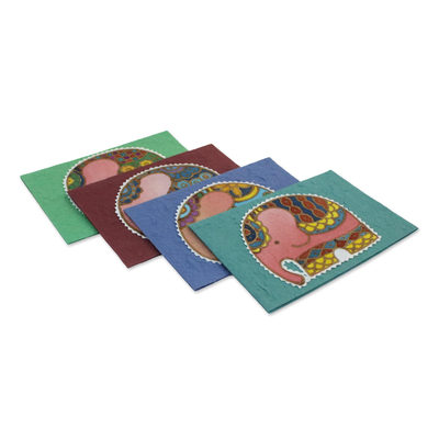 Cotton and paper greeting cards, 'Friendly Elephants' (set of 4) - Four Cotton and Paper Elephant Greeting Cards from Thailand
