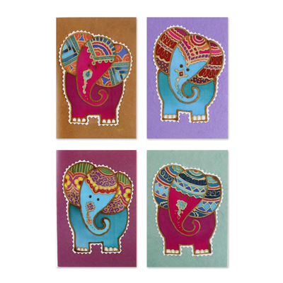Four Batik Elephant-Themed Greeting Cards from Thailand