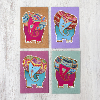 Tarjetas de felicitación de algodón y papel (juego de 4) - Cuatro tarjetas de felicitación con temática de elefante batik de Tailandia