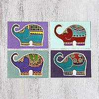 Cotton and paper greeting cards, 'Well-Wishing Elephants' (set of 4) - Four Colorful Batik Elephant Greeting Cards from Thailand