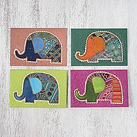 Handcrafted Batik Elephant Greeting Cards (Set of 4),'Elephant Salutations'