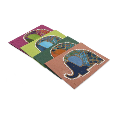 Tarjetas de felicitación de algodón y papel (juego de 4) - Tarjetas de felicitación de elefante batik hechas a mano (juego de 4)
