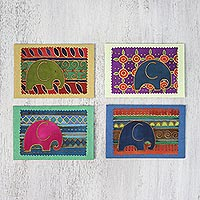 Cotton and paper greeting cards, 'Elephant Journeys' (set of 4) - Batik Cotton and Paper Elephant Greeting Cards (Set of 4)