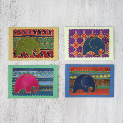 Grußkarten aus Baumwolle und Papier, (4er-Set) - Elefanten-Grußkarten aus Batik-Baumwolle und Papier (4er-Set)