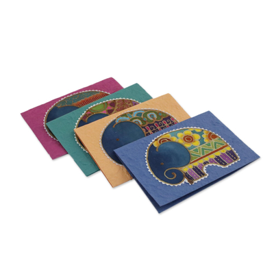 Cotton and paper greeting cards, 'Excited Elephants' (set of 4) - Set of 4 Batik Cotton and Paper Elephant Greeting Cards