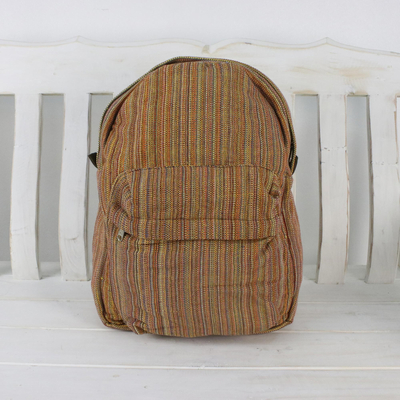 Cotton backpack, 'Striped Adventurer in Orange' - Handwoven Striped Cotton Backpack in Orange from Thailand