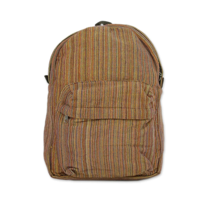 Handwoven Striped Cotton Backpack in Orange from Thailand
