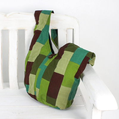 Patchwork cotton shoulder bag, 'Into the Jungle' - Patchwork Cotton Shoulder Bag in Green from Thailand