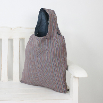 Cotton tote, 'Cozy Adventure' - Handwoven Cotton Tote with Stripes from Thailand