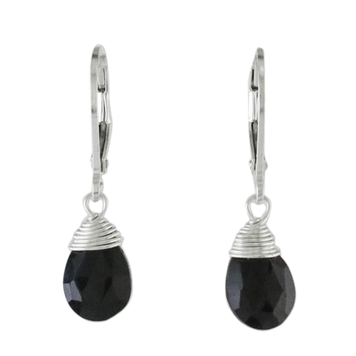 Onyx and Silver Teardrop Dangle Earrings from Thailand