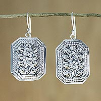 Pendientes colgantes de plata de ley - Pendientes florales octogonales de plata 925 hechos a mano por artesanos tailandeses