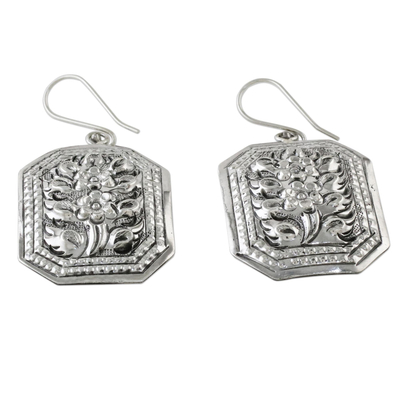 Sterling silver dangle earrings, 'Argent Blooms' - Thai Artisan Crafted 925 Silver Octagonal Floral Earrings