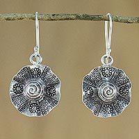 Silver dangle earrings, 'Flower of Thailand' - Floral Silver Earrings with Hill Tribe Motifs