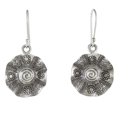 Silver dangle earrings, 'Flower of Thailand' - Floral Silver Earrings with Hill Tribe Motifs