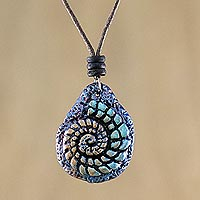Recycled papier mache pendant necklace, 'Seashell Spiral in Blue'