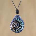 Recycled papier mache pendant necklace, 'Seashell Spiral in Blue' - Papier Mache Seashell Necklace in Blue from Thailand