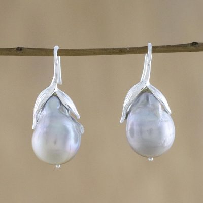 Cultured Pearl And Silver Drop Earrings From Thailand Charming Cultured Pearl Drop Earrings Charming Pears And Silver