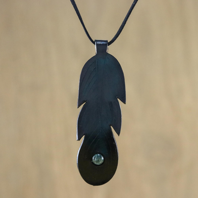 Agate and leather pendant necklace, 'Feather Spirit' - Thai Agate and Leather Feather Pendant Necklace