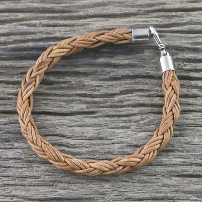 Men's leather braided bracelet, 'Thai Insight in Caramel' - Men's Handmade Braided Leather Bracelet from Thailand