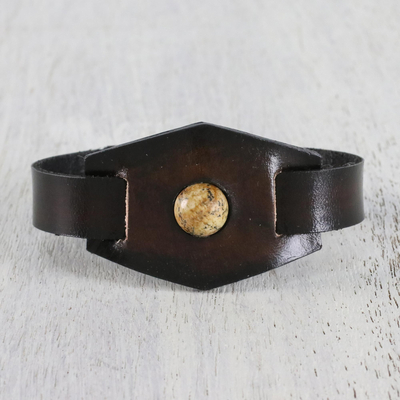 Jasper and leather wristband bracelet, 'Jasper Focus' - Jasper and Leather Wristband Bracelet from Thailand