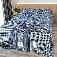 Cotton batik bedspread, 'Modern Indigo' (twin) - Hand Stamped Cotton Batik Cotton Bedspread from Thailand