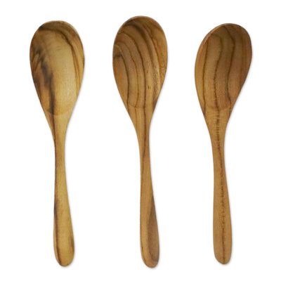 Teakwood serving spoons, 'Delicious Meal' (set of 3) - Set of 3 Hand-Carved Teakwood Serving Spoons from Thailand