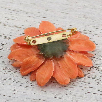 Natural aster brooch pin, 'Let It Bloom in Tangerine' - Natural Aster Flower Brooch in Tangerine from Thailand