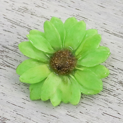 Natural aster brooch pin, 'Let It Bloom in Spring Green' - Natural Aster Flower Brooch in Spring Green from Thailand