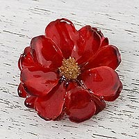 Natural Cosmos Flower Brooch in Crimson from Thailand,'Blooming Cosmos in Crimson'