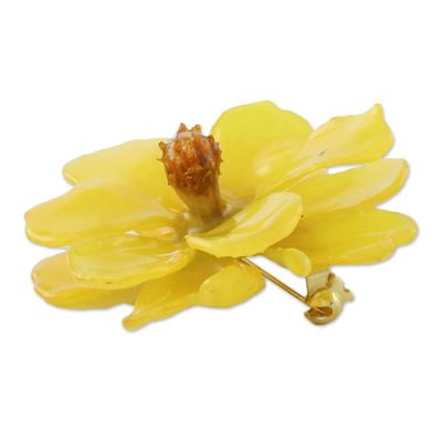 Natural cosmos brooch pin, 'Blooming Cosmos in Goldenrod' - Natural Cosmos Flower Brooch in Goldenrod from Thailand
