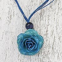 Natural rose pendant necklace, 'Rosy Chic in Teal'