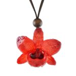 Natural orchid pendant necklace, 'Natural Feeling in Ruby' - Adjustable Natural Orchid Necklace in Ruby from Thailand