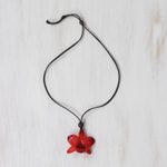 Natural orchid pendant necklace, 'Natural Feeling in Ruby' - Adjustable Natural Orchid Necklace in Ruby from Thailand